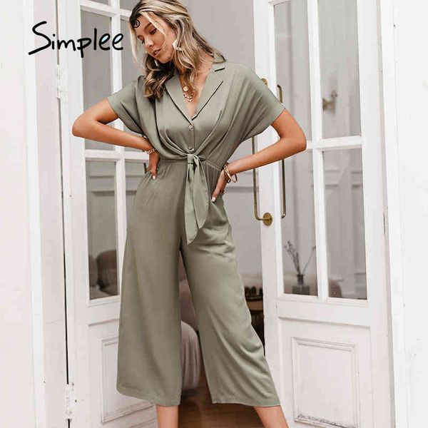 

solid high waist short sleeve v-neck casual summer women wide-leg loose knotted office jumpsuit 210414, Black;white