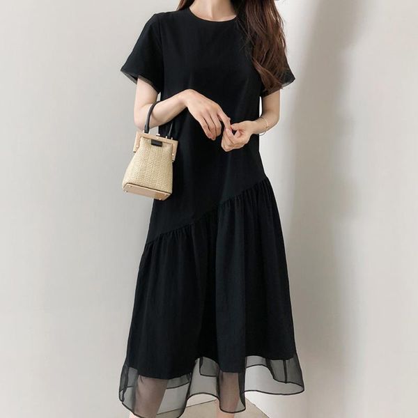 

casual dresses dress mesh plain short sleeve mimore length round neck ladies fashion pullover a line wearing 2021 style, Black;gray