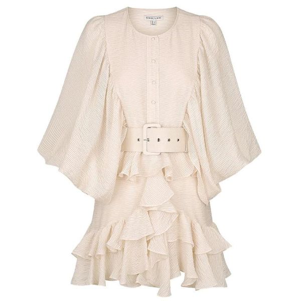 

casual dresses spring summer women dress long sleeve o neck cascading ruffles with belt female runway beach clubwear, Black;gray