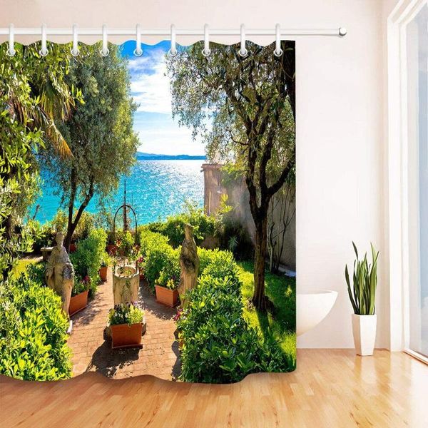 

sunny seaside garden with beautiful scenery bathroom decoration, 3d hd, polyester waterproof shower curtain, 12 hooks, 180x180c curtains