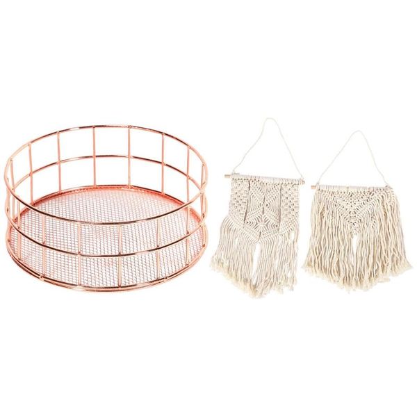 

storage baskets nordic style rose gold iron basket with 2 pcs macrame wall hanging small art woven decor