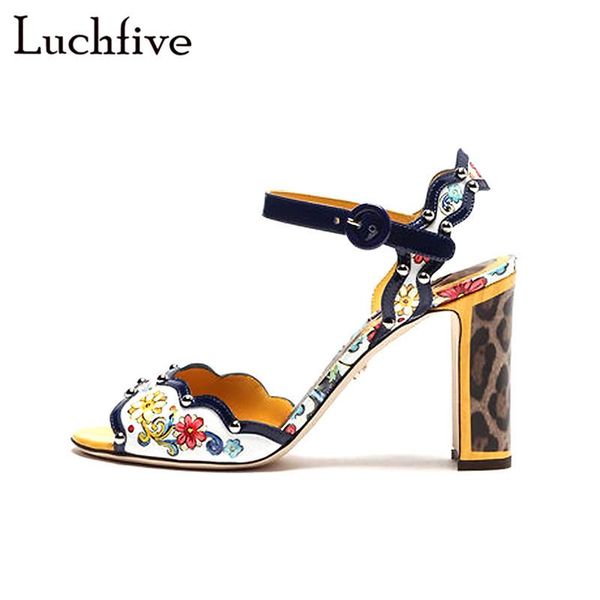 

summer high heels sandals women rivets open toe buckle strap shoes leopard print flower outwear sandalias mujer 2021, Black