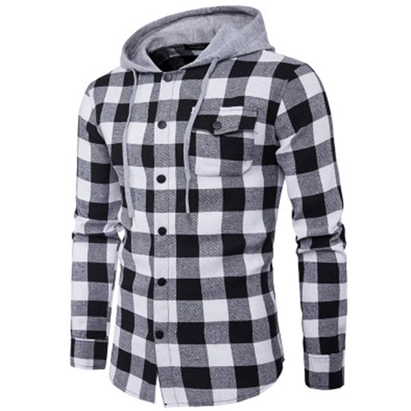 

fashion 2021 new big lattice series men's pocket decoration korean casual hooded shirt, White;black