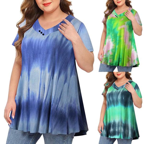 

plus size t-shirt women's short sleeve v-neck button tie-dye printed casual loose soft ladies summer blouse manga corta#e, Black