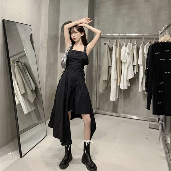 

party dresses skirt 2021 spring black irregular thin suspender medium length dress tih6, White;black