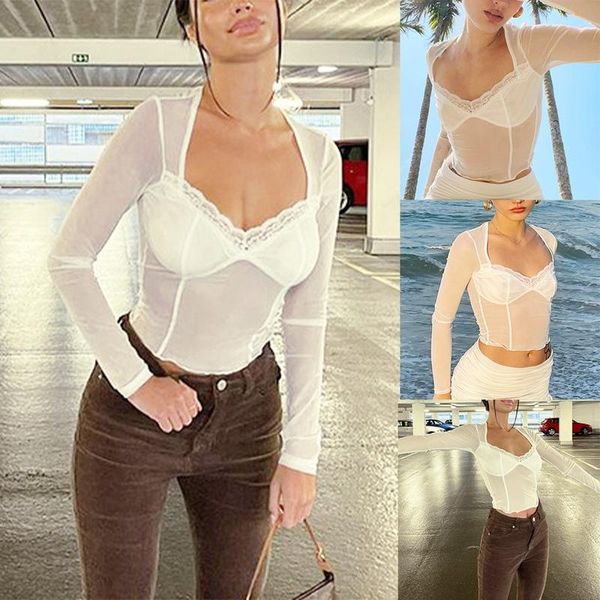

women's t-shirt fashion y2k lace trim mesh crop aesthetics patchwork square neck long sleeve white tees summer t-shirts