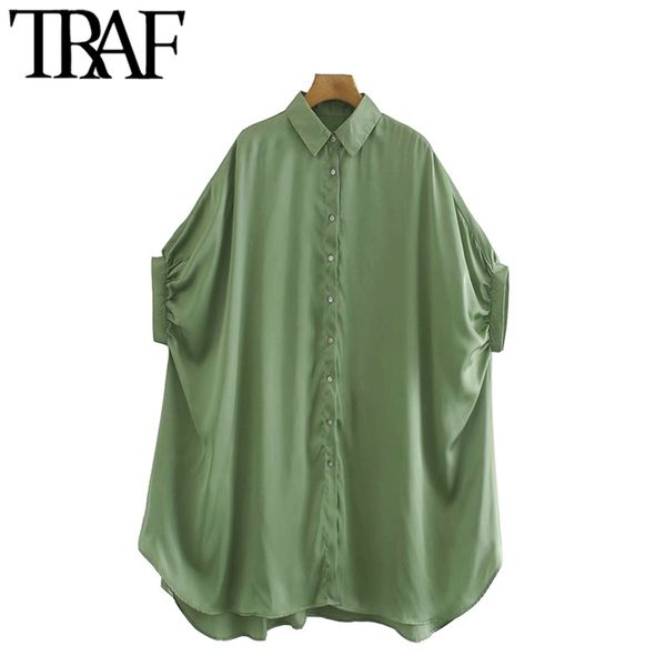 

traf women fashion oversized cozy blouses vintage short sleeve button-up female shirts blusas chic 210415, White