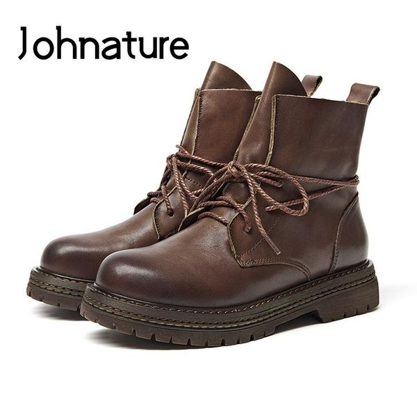 

johnature 2021 autumn genuine leather round toe boots hoof heels zipper casual platform ankle women shoes, Black