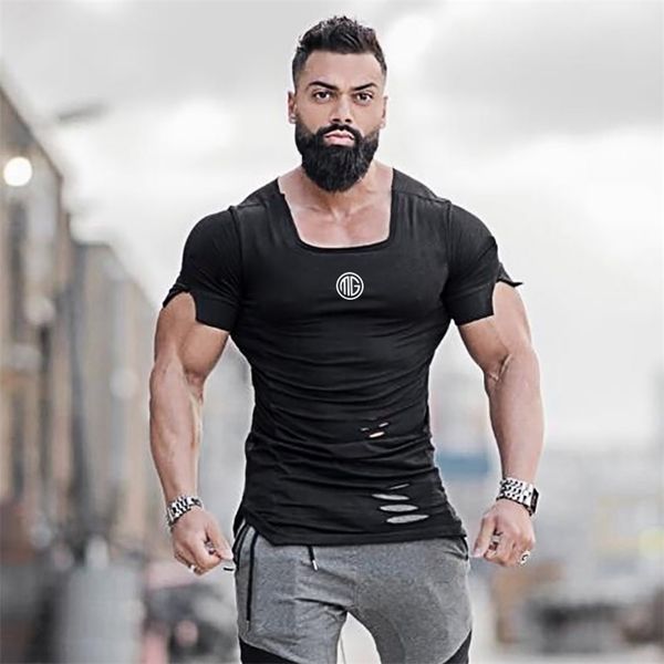 

new cotton men's t shirt vintage ripped hole t-shirt men fashion casual tee men hip hop activewears fitness tshirt male 210409, White;black