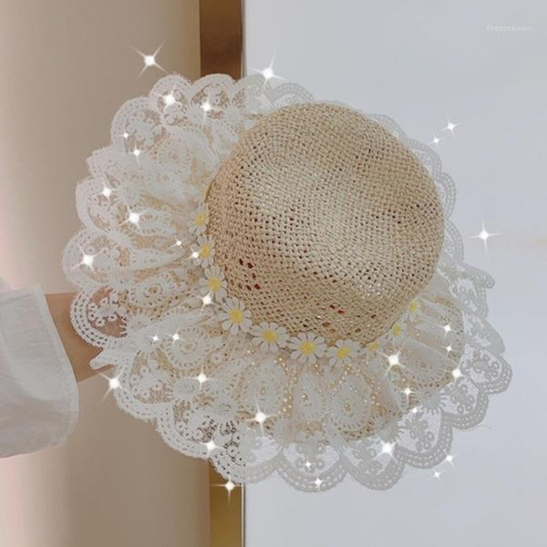 

caps & hats summer beach kid mother hat lace flower decoration breathable outdoor travel holiday panama child girl1, Yellow