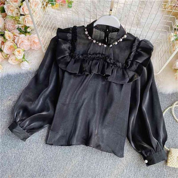 

autumn style korean blouse sweet super fairy fungus lace stand collar shirt women long-sleeved french gx1108 210507, White