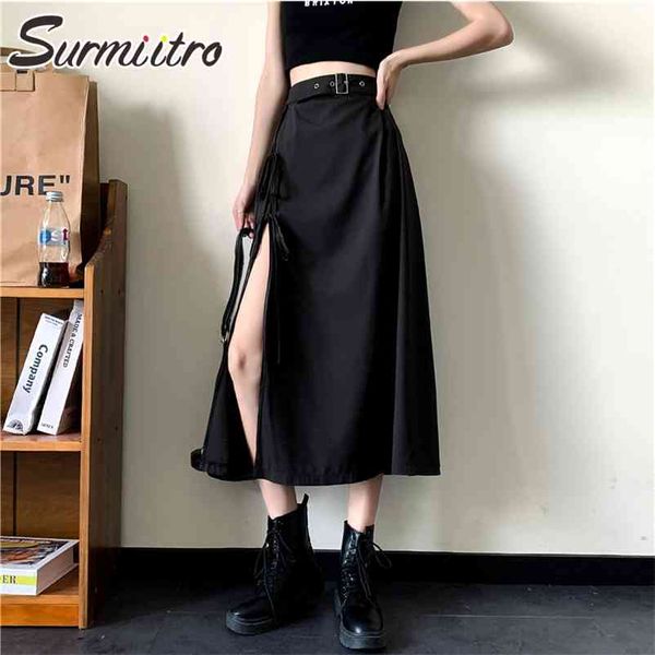 

summer plus size s-5xl korean style lace up women black high waist midi long side slit skirt female with belt 210421