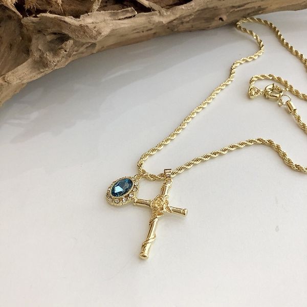

korean east gate french cross rose necklace with blue earrings, Black