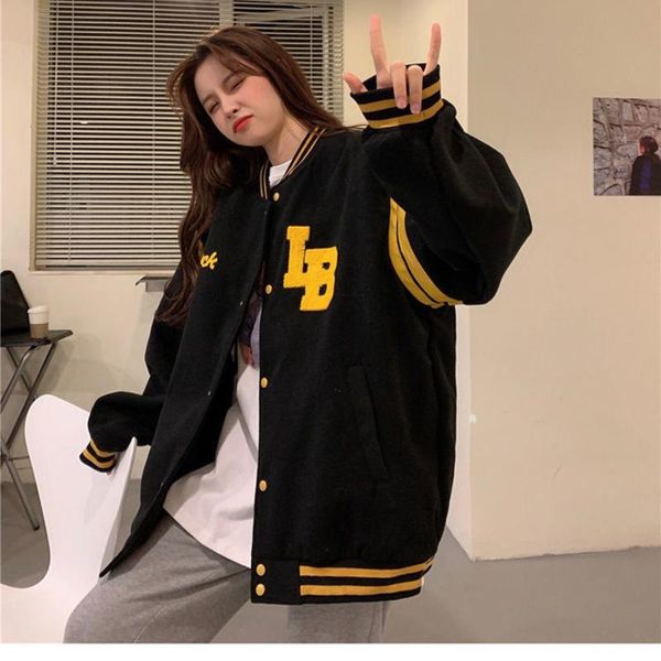

women's jackets bomber loose casual jacket o-neck embroidery oversize autumn coat for women baseball 2021, Black;brown