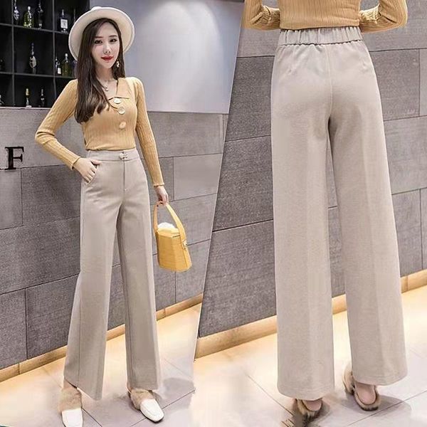 

women's pants & capris 2022 autumn winter women thicken wide leg ladies chic warm woolen suit casual female high waist loose trousers, Black;white