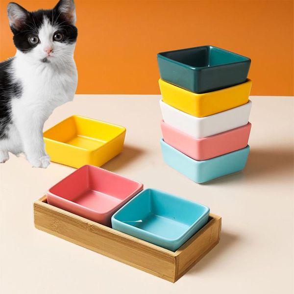 

1/2pc 150ml cat and puppy square ceramic bowl bamboo wooden tray leak-proof small pet feeder durable kitchen supplies bowls & feeders
