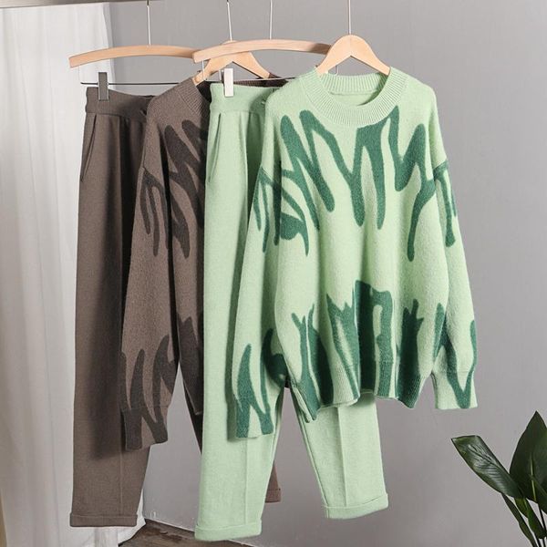 

women's two piece pants women knit tracksuit harem trouser warm suit tie dye winter knitted 2 oversized loose sweaters jogging clothes, White