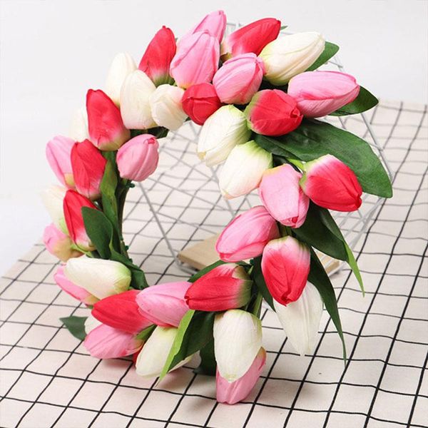 

decorative flowers & wreaths artificial tulip flower wreath silk pink red summer front door with leaves wall decor