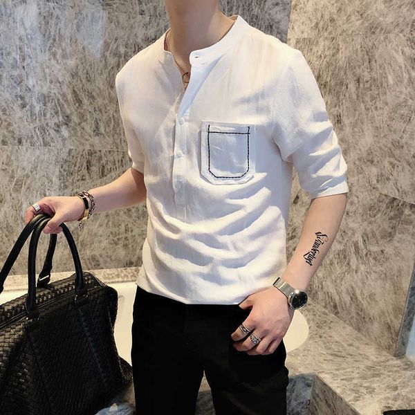 

summer linen men shirt strand casual slim fit streetwear social shirts night club party clothing chemise homme 210527, White;black
