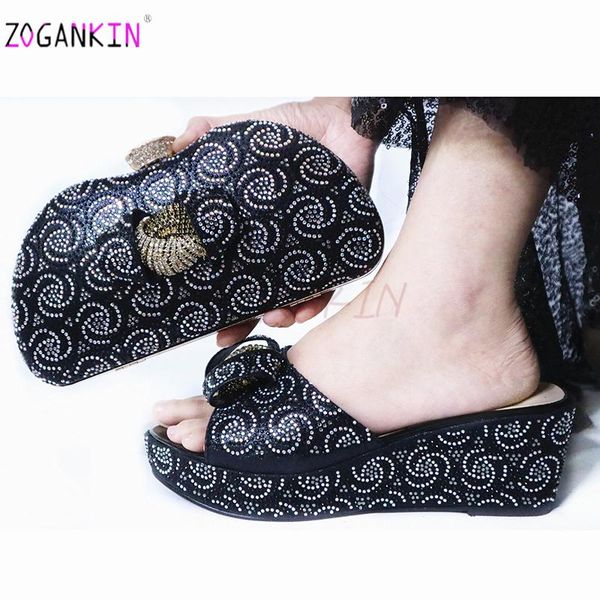 

dress shoes selling woman italian pointed toe and purse set african style wedges slipper bag for fashion party, Black
