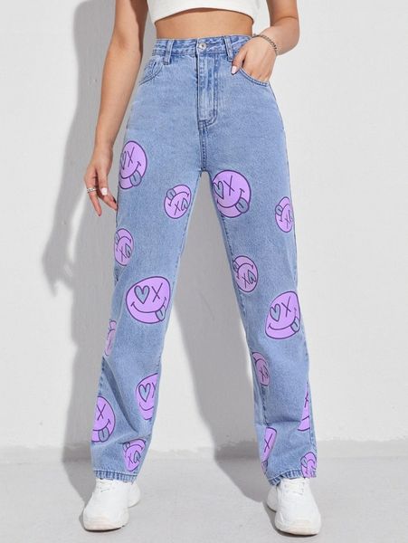 

light wash straight leg cartoon jeans h1h0#, Blue