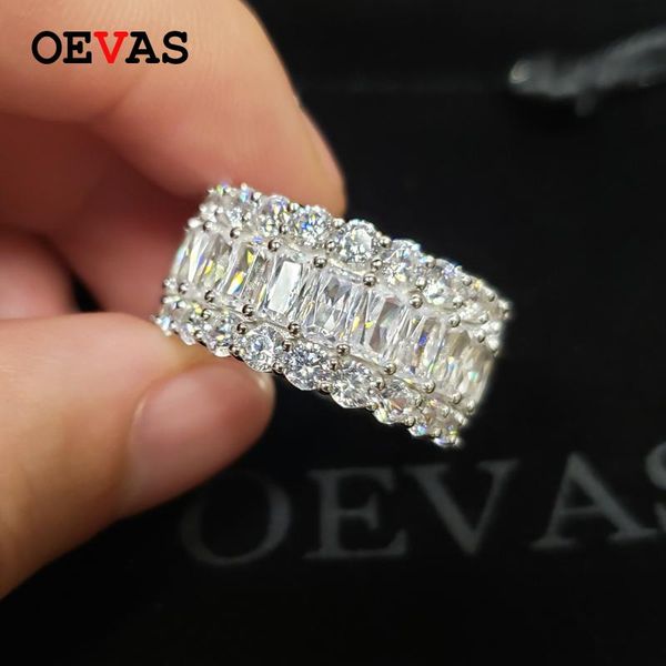 

cluster rings oevas solid 925 sterling silver wedding for women sparkling 3 rows full high carbon diamond engagement party fine jewelry, Golden;silver