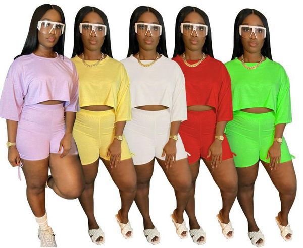 

women's tracksuits casual women 2pcs o-neck half sleeves print solid lady loose shorts high street wear outfits 2021 autumn, Gray
