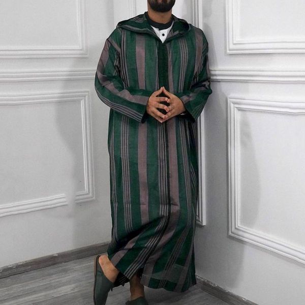 

ethnic clothing men's casual striped hooded muslim jubba thobe robe long sleeve half zipper ropa hombre men, Red