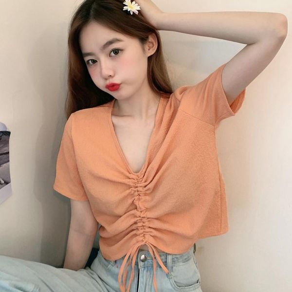 

women's t-shirt lucyever drawstring pleated t shirt women summer korean style solid losse short sleeve tees female beach casual vacatio, White