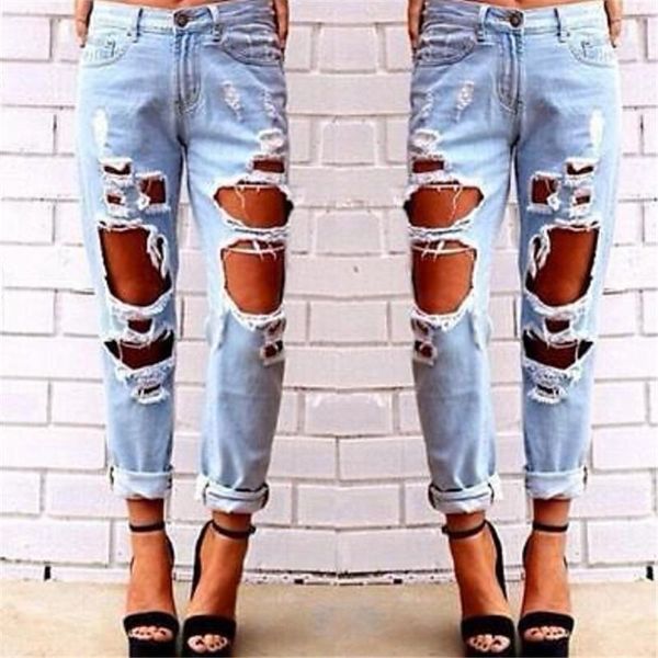 

women's pants & capris 2021 fashion ladies denim jeans womens ripped distressed slim boyfriend style hollow out trousers, Black;white
