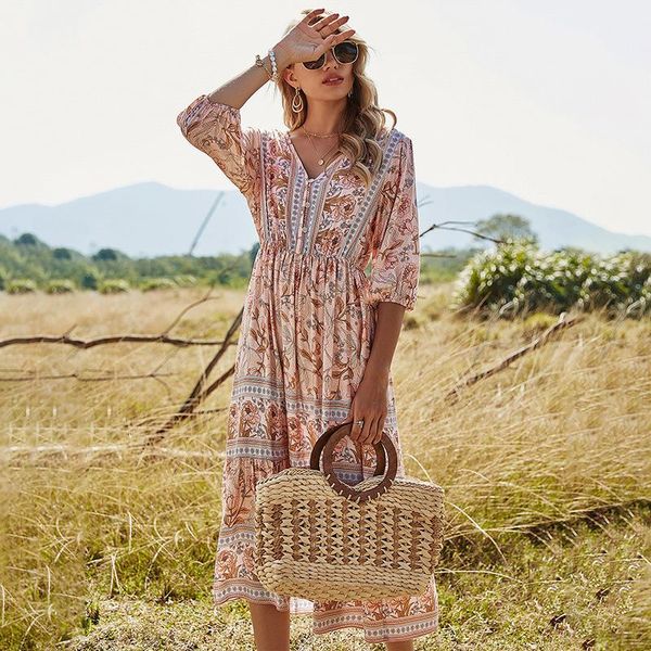 

party dresses women's casual long dress floral print short sleeve maxi summer bohemian v-neck button beach high-waisted all-match, White;black