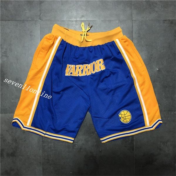 Pantaloncini da basket da uomo della squadra Just Don Golden State Colore blu Fan Pantaloncini sportivi cuciti Pantaloni hip pop elastici in vita con pantaloni sportivi con cerniera tascabile Taglia S- Taglia 2XL