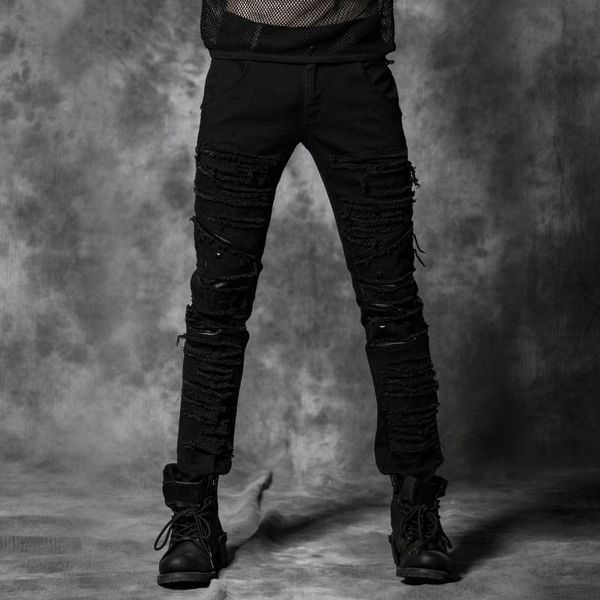 

men's gothiic broken hole trousers daily handsome skinny long pants, Black
