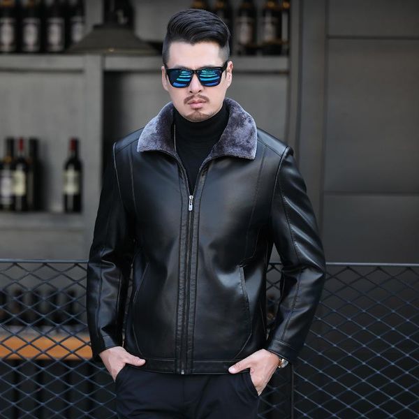 

sheepskin real fur one men's leather jacket winter warm coat & faux, Black