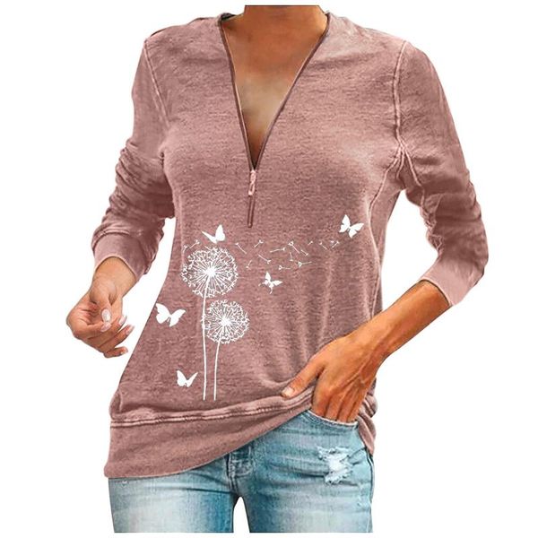 

women's t-shirt fashion women plus size v-neck zip print long sleeves casual, White