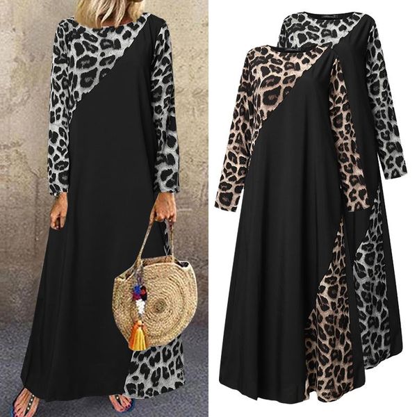 

women dress celmia leopard print dresses fashion patchwork long sleeve casual loose vestidos kaftan robe plus size, Black;gray