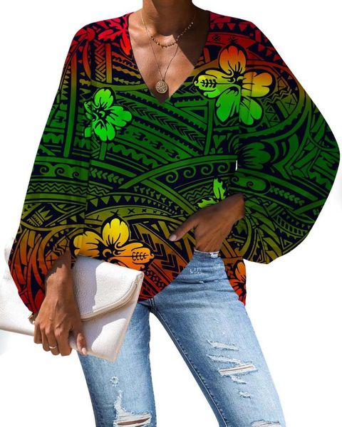 

women's blouses & shirts women luxury long sleeve loose blouse polynesian traditional tribal print summer/autumn v neck shirt streetwe, White