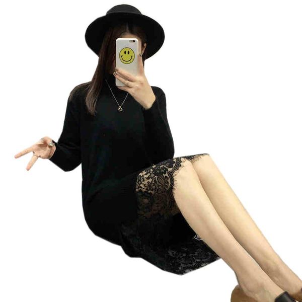

casual dresses women turtleneck sweater dress autumn winter long sleeve knitted warm pullover lace knit vestidos sf564, Black;gray
