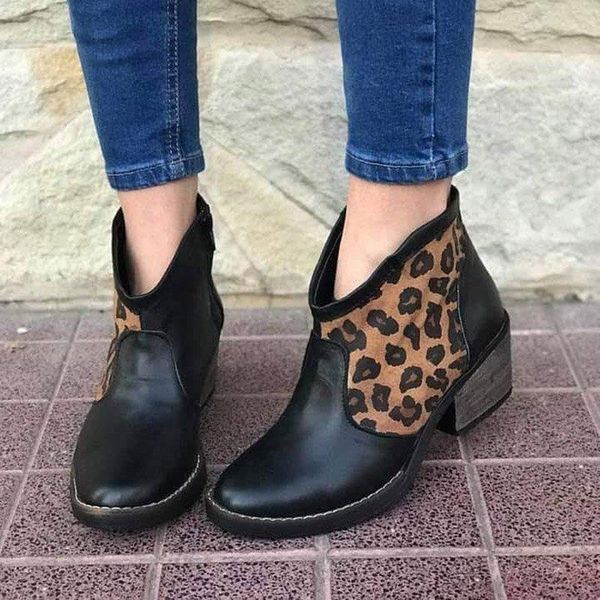 

women ankle for women's leopard pattern fashion short boots footwear woman slip on shoes ladies round toe wedges big size 78ol, Black
