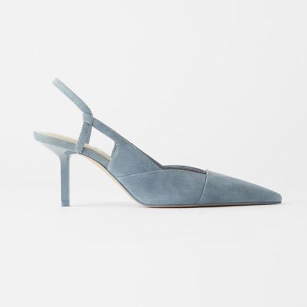 

chic woman back strap suede pumps kitten heel party shoes pointed toe thin heels blue pink black banquet outfit high dress