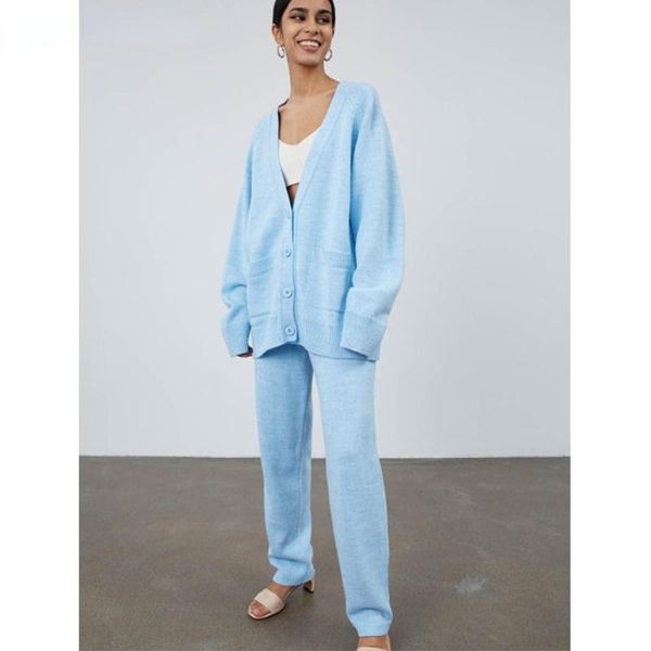 

women's two piece pants cardigan sweater & lace-up skinny casual women knitted sets autumn winter ladies loose 2 pieces set v nexk, White