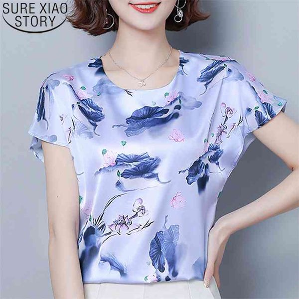 

blusas plus size women blouses summer casual shirts o-neck elegant silk korean loose short sleeve floral print blouse 9373 210421, White