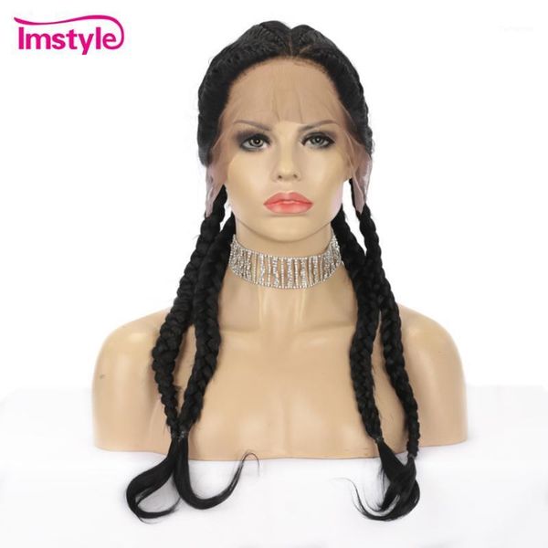

imstyle braided wigs black synthetic lace front wig for women natural hairline four braids wigs1