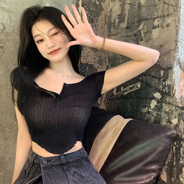 

women's t-shirt women solid fashion square collar t-shirts knitted sunscreen short sleeves summer slim, White