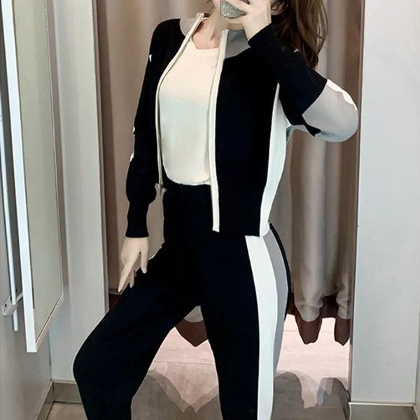 

women's two piece pants casual stripe patchwork knitted sets women korean fashion zipper cardigan+sweatpants set autumn outdoor sport s, White