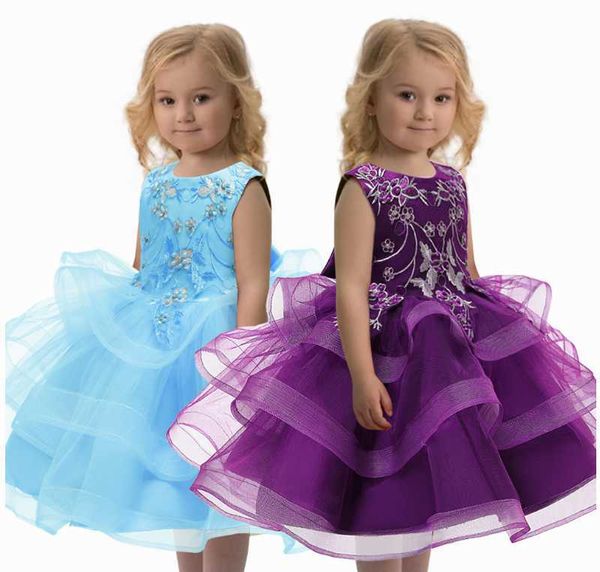 Abiti TUTU ricamati Layer Fluffy Garza senza maniche Principessa per ragazza Vestiti per bambini 3-8Y E8755 210610