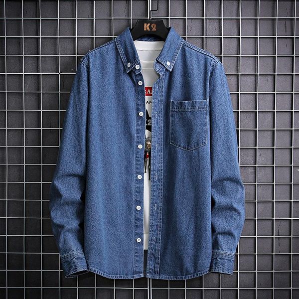 

men's casual shirts 100% cotton long-sleeved denim shirt black dark blue light business male brand cowboy top, White;black
