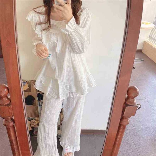 Duas peças Terno de Algodão Lace Gentle Nightwear Doce Soft White Casual Moda Solta Pijama Set 210525