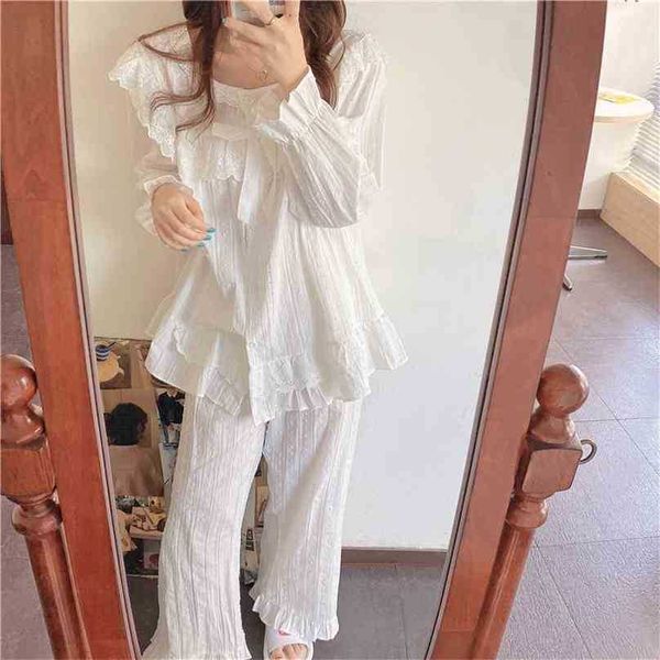

two pieces suit cotton lace gentle nightwear sweet soft white casual loose fashion pajamas set 210525, Black;red
