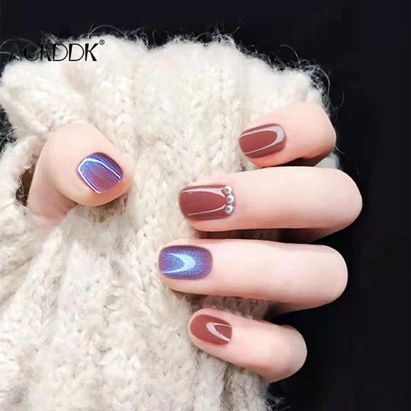

false nails 24pcs short aquamarine pearl wear paragraph fashion manicure patch save time wearable nail dw, Red;gold